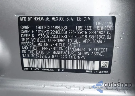 2026 Honda Hr-V Awd Ex-L z USA, uszkodzony, nr VIN 3CZRZ2H73TM735223